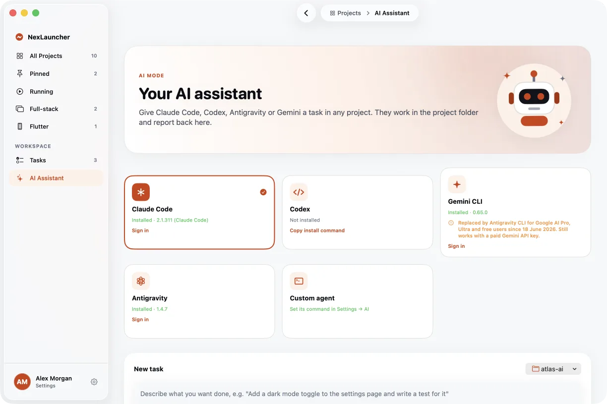 The AI Assistant page showing Claude Code, Codex, Gemini CLI, Antigravity and a custom agent.