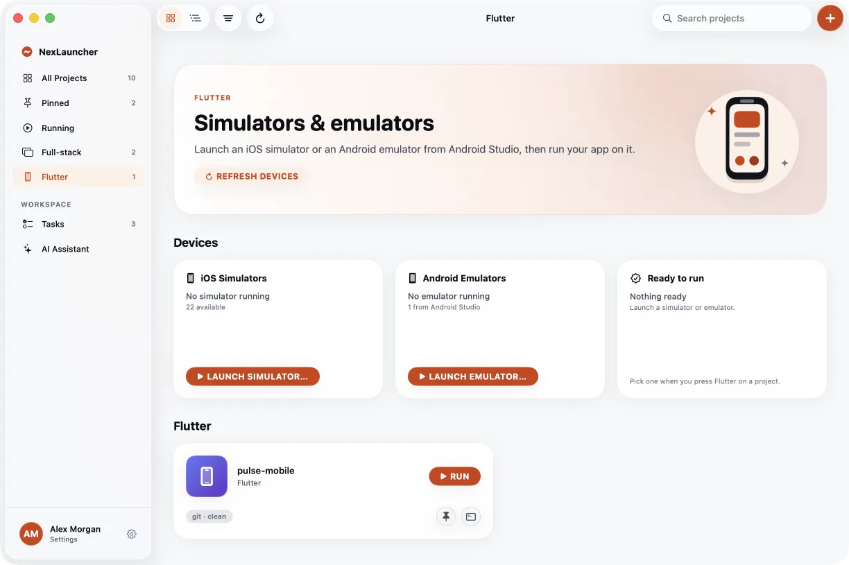 The Flutter page with iOS simulators, Android emulators and devices ready to run.