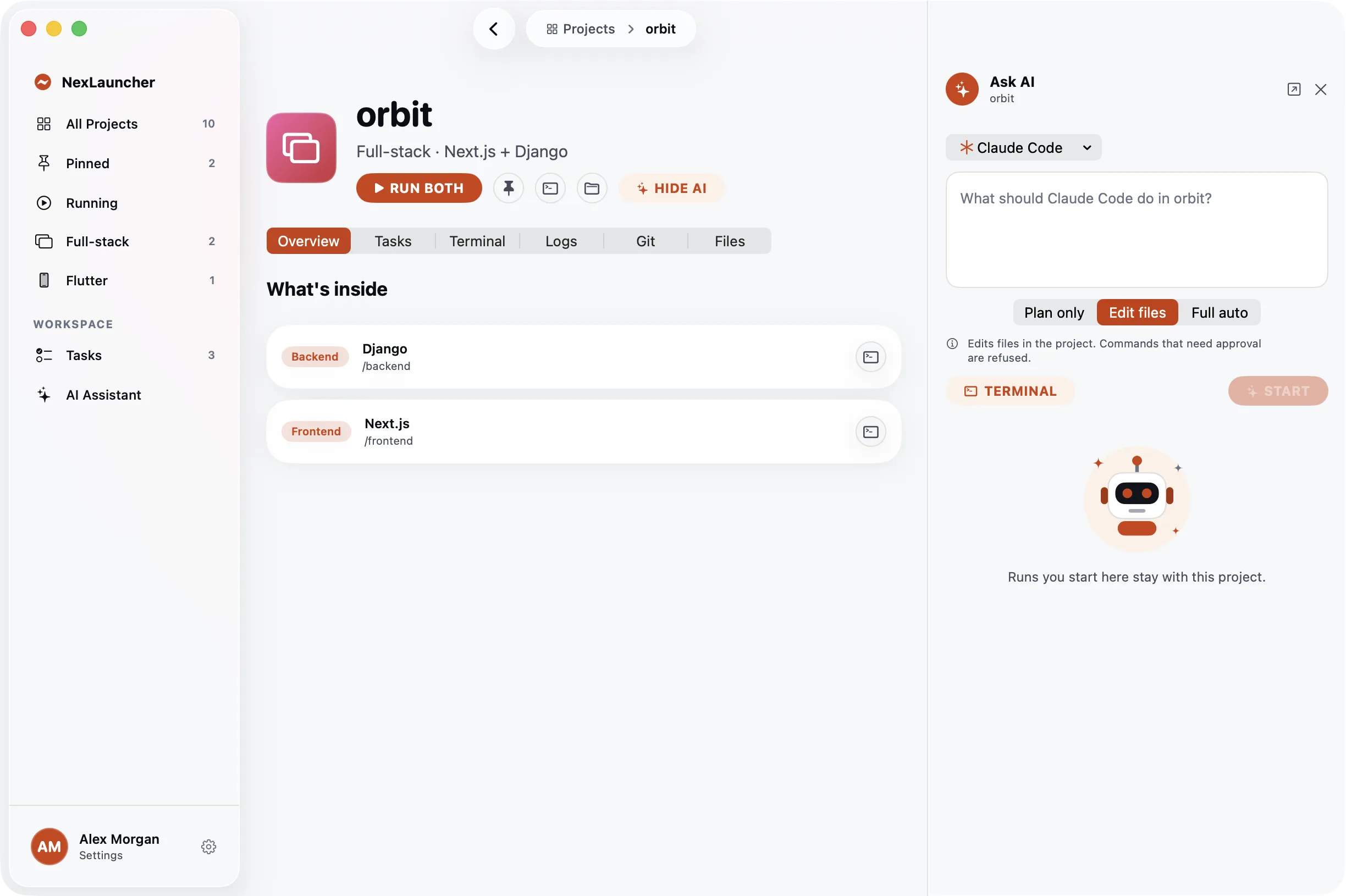 The orbit project page with the Ask AI panel open on the right: agent picker, task box and autonomy choice.