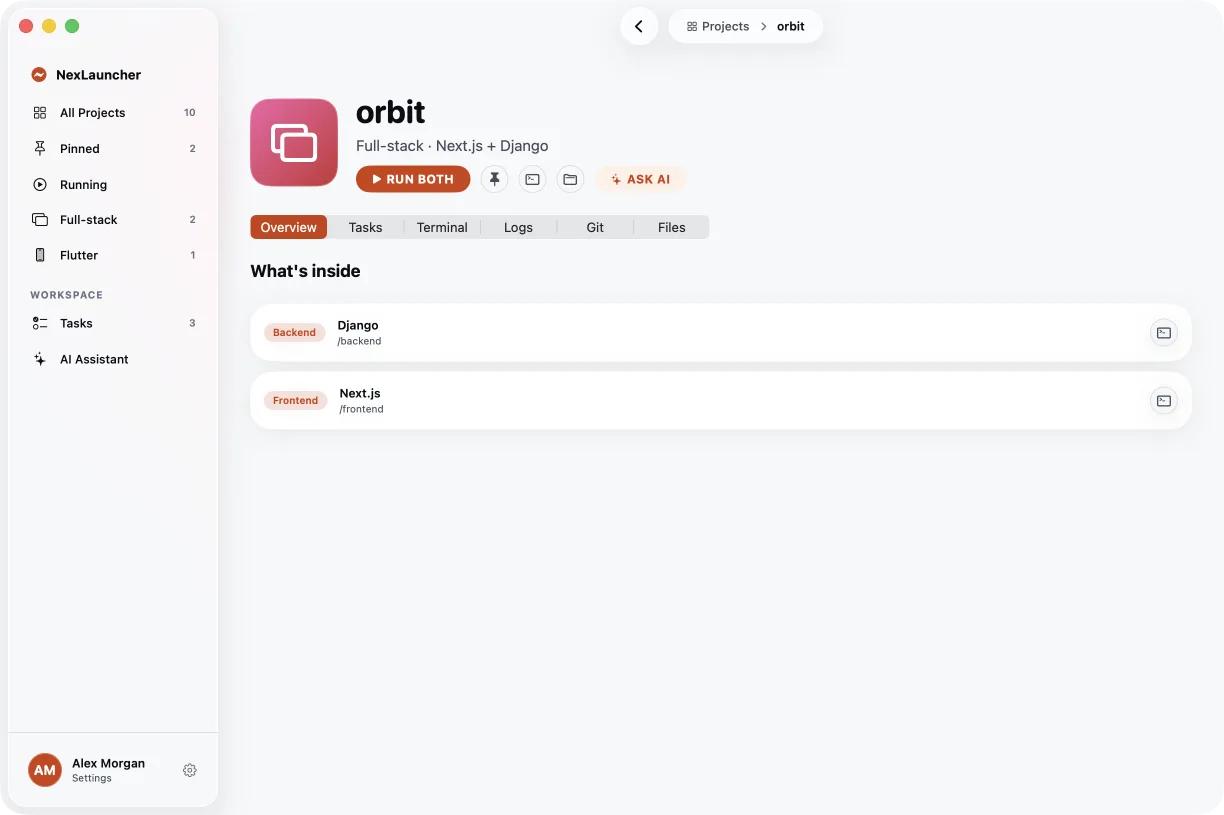 A project page for orbit, a Next.js and Django app, with Run Both, Overview, Tasks, Terminal, Logs, Git and Files.