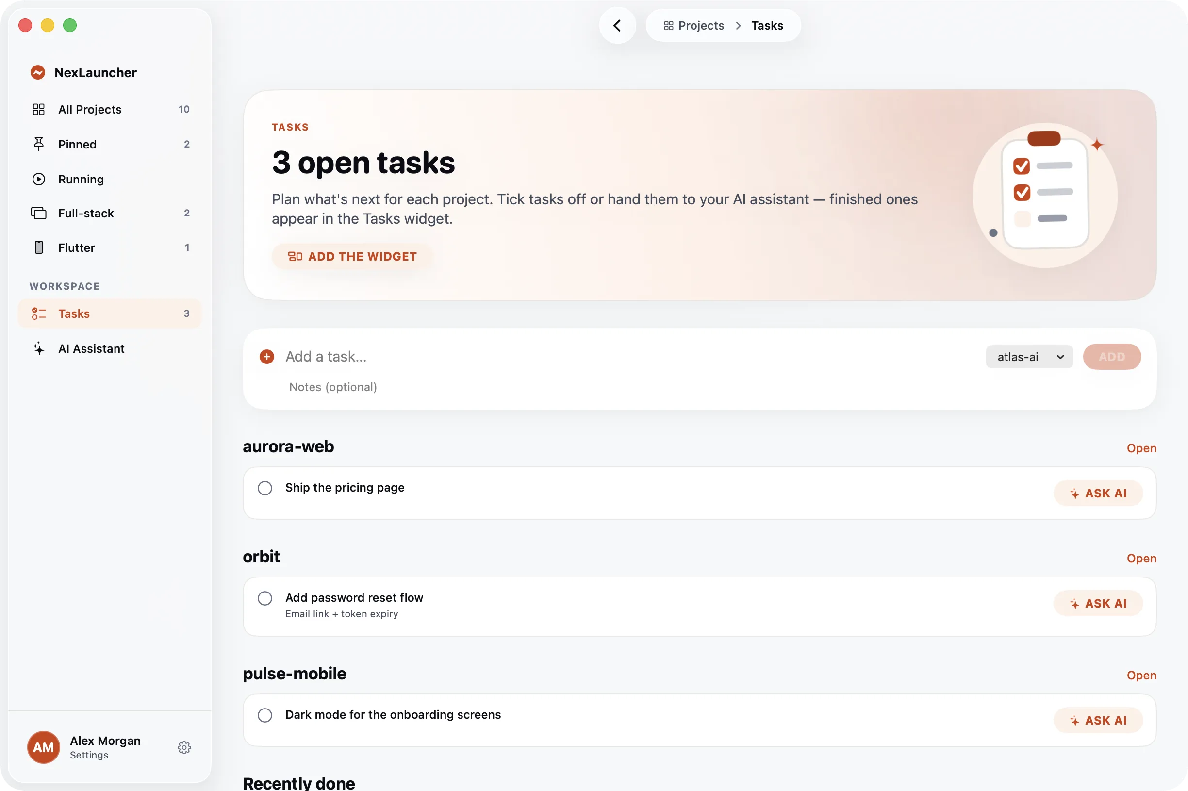 The Tasks page: three open tasks grouped by project, each with an Ask AI button, and recently done tasks below.